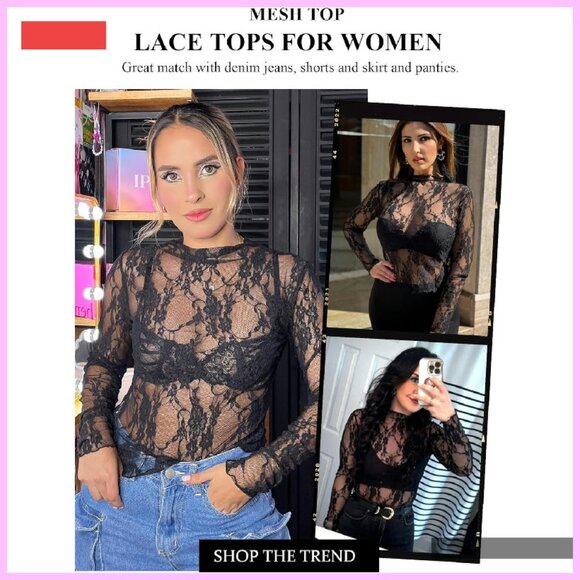 Sheer Mesh Long Sleeve Mock Neck Blouse Floral Lace Top - Picture 3 of 4